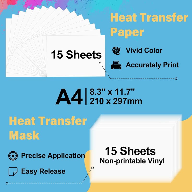 TECKWRAP Printable Heat Transfer Paper for T-Shirts 8.3" X 11.7" 15PCS Heat Transfer Vinyl for Inkjet Printer with Heat Transfer Mask 15PCS HTV Iron on Transfer Paper & 6PCS All-in-One Tool Set - Image 2